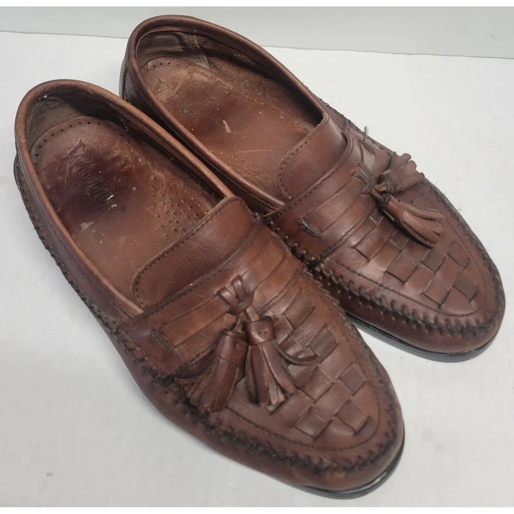 Woodbridge Mens Brown Woven Leather Tassel Loafers Made in Brazil Size 8.5
